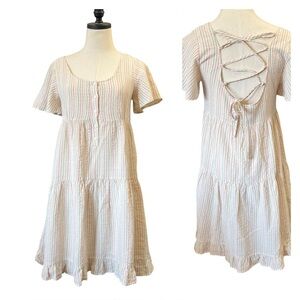 Hem & Thread Dress Size Small Striped Linen Blend Ruffle Trim